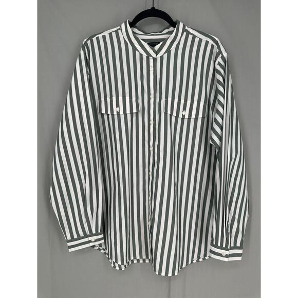 Ann Taylor Top Womens XL Green Striped White Button Oversized Pocket Classic - Picture 1 of 8